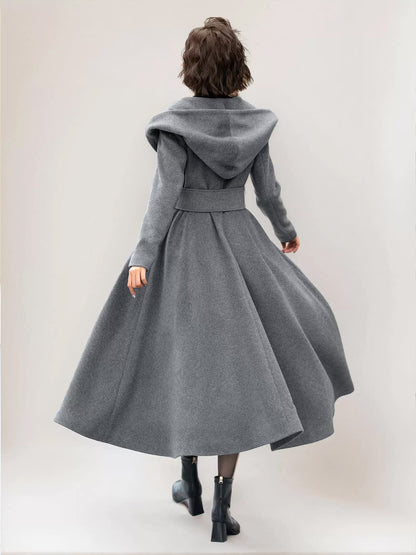 Flared Woolen Coat For Woman Hooded Gray Belted A-line Winter Long Outerwear 2026