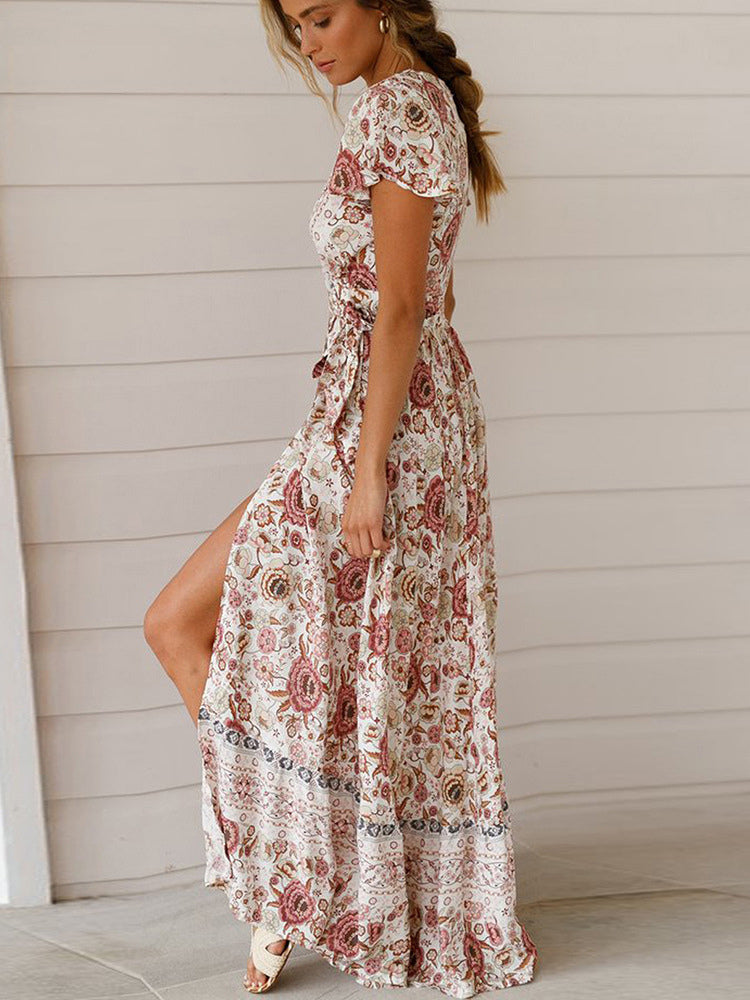 Boho Floral Wrap Maxi Dress For Women - Cream Ethnic Print V Neck Short Sleeve Dress - Summer Beach Vacation 2026