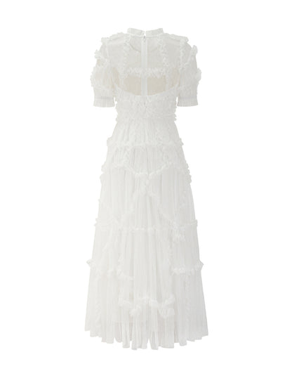 Ruffles Dress Illusion Neckline Ruffles Layered Tulle Maxi Dresses