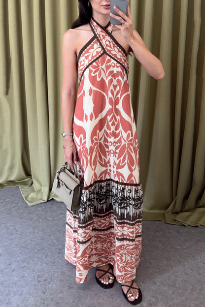 Bohemian Style Unique Print Halter Neck Casual Vacation Maxi Dress