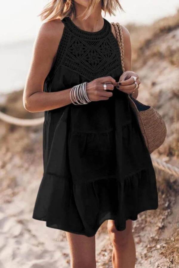 Hollow Lace Patchwork Halterneck A-Line Mini Dress