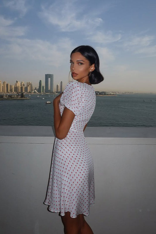 Polka Dot Deep V-Neck Puff Sleeve Tie-Front A-Line Mini Dress