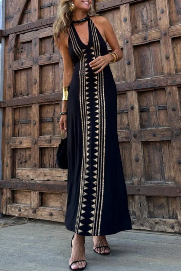 Meret Gold Geometric Print Halter Backless Stretch Maxi Dress