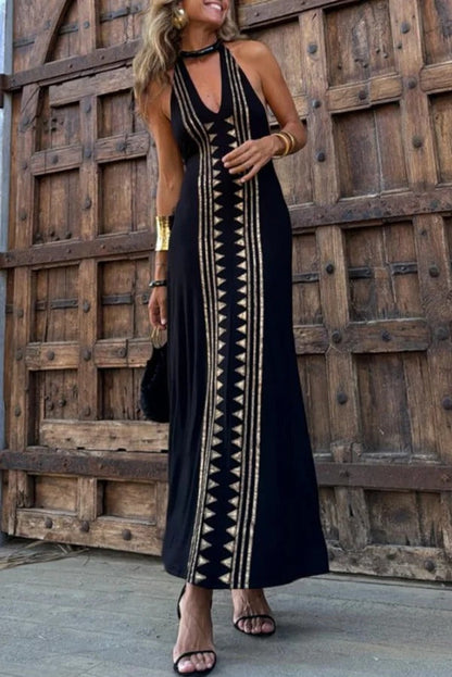 Meret Gold Geometric Print Halter Backless Stretch Maxi Dress