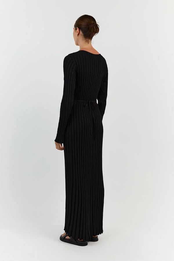 Rib Knit V-Neck Lettuce Edge Cuff Bodycon Maxi Dress