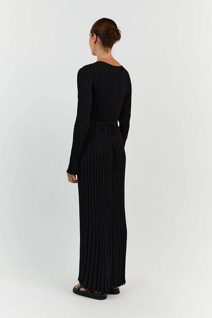 Rib Knit V-Neck Lettuce Edge Cuff Bodycon Maxi Dress