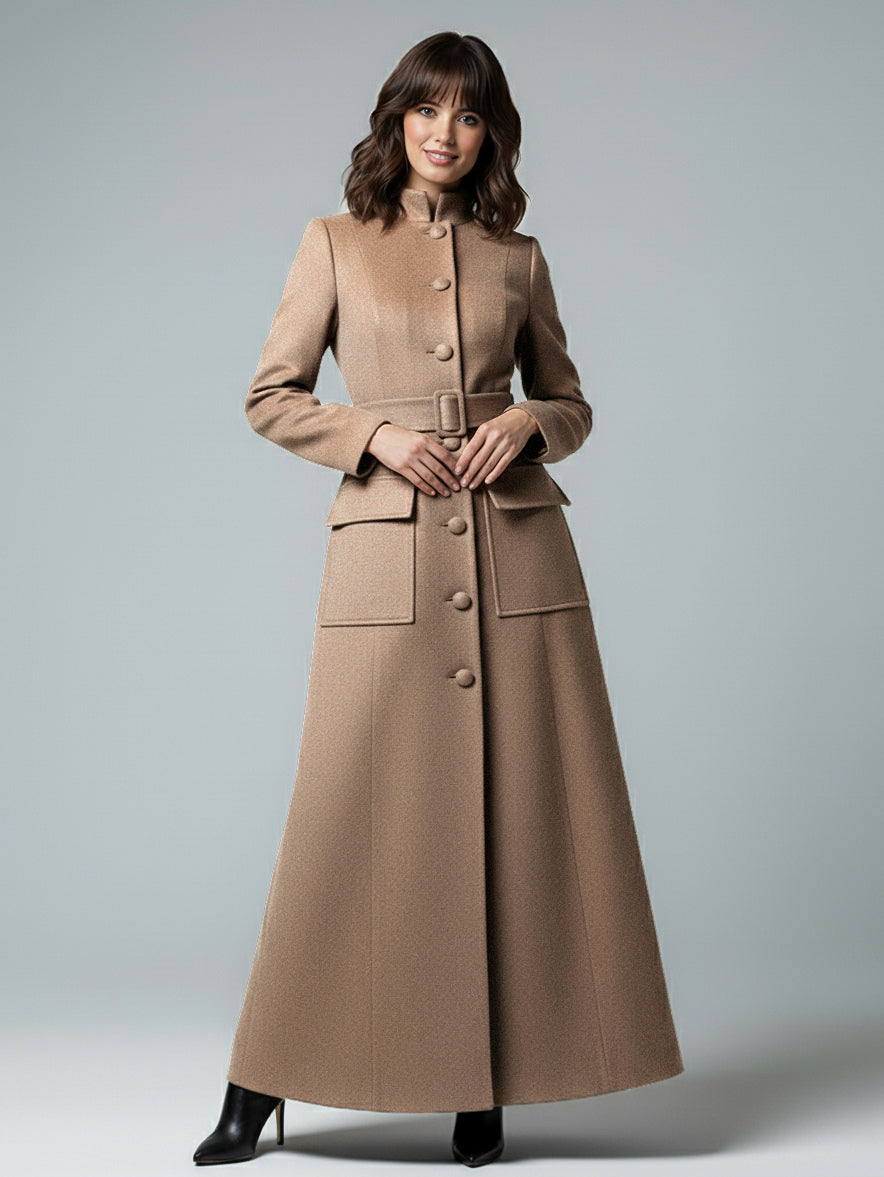 Woolen Full-Length Maxi Coat With Stand Collar And Flap Pockets For Women 2026