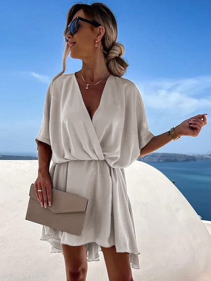 Satin Mini Dress for Women - Boho Wrap V Neck Short Sleeve Skater Dress - Summer Beach Party 2026