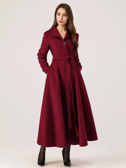 Long Woolen Flared Coat Gray Belted Winter Full Length Outerwear For Women 2026