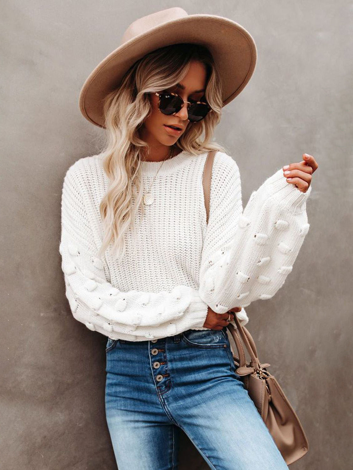 Solid Color Knit Pullover Sweater With Bubble Sleeve For Women 2026