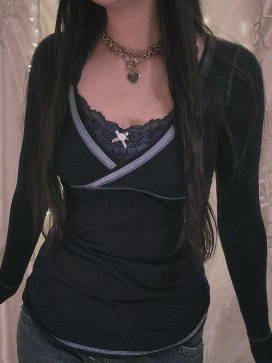 Lace Patchwork Bow Long Sleeve Tee