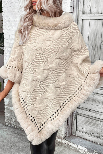 Vintage Cable Knit Fleece-Collar Poncho Coat