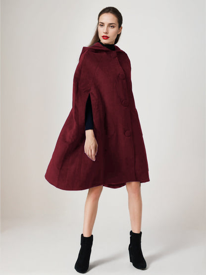Black Woolen Cape Coat With Hood Oversized Poncho Winter Outerwear For Women 2026