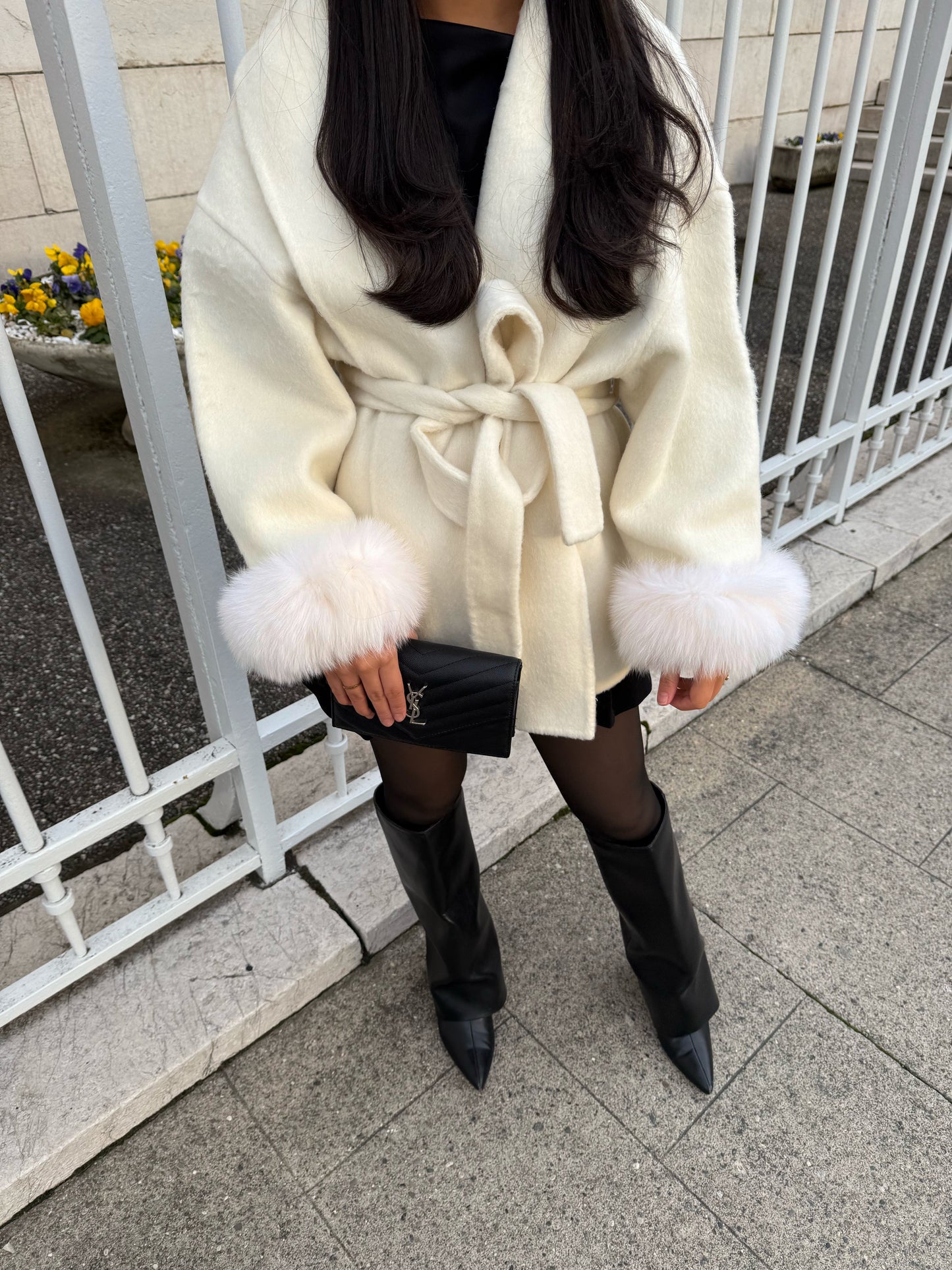 Beige Wool Coat with Fur