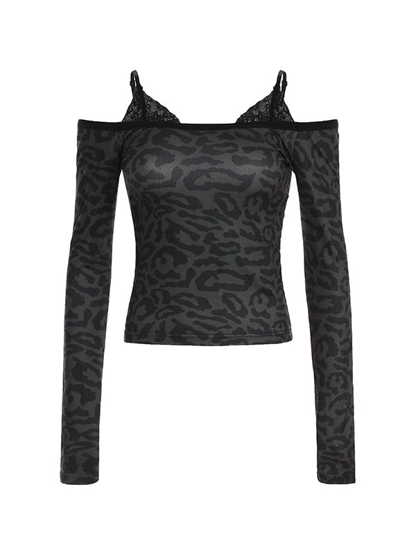 Black Lace Leopard Print Fake Two Piece Tee