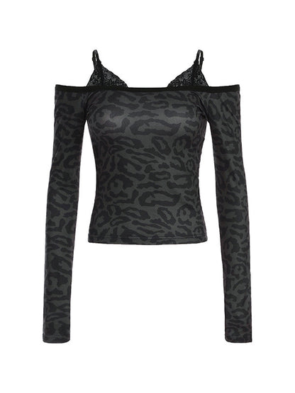 Black Lace Leopard Print Fake Two Piece Tee