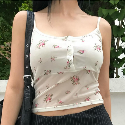 Sheer mesh button u neck flower print cami top