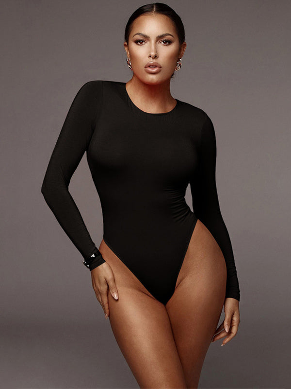 Bodysuit Light Apricot Long Sleeves Piping Stretch Notched Neckline Sexy Cotton Top For Women