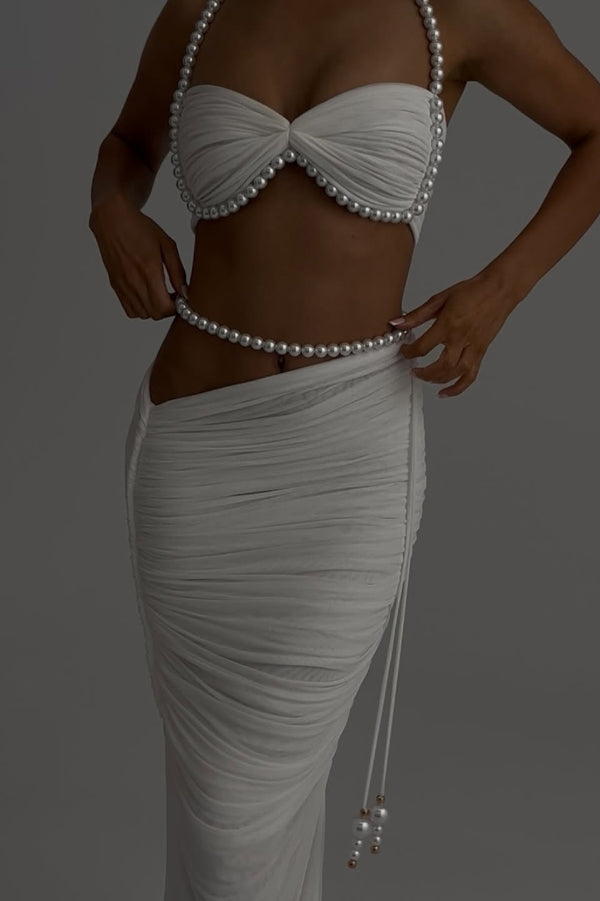 Imalia Stretch Mesh Pearl Trim Gathered Tank and  Detachable Belt Vacation Maxi Skirt Set