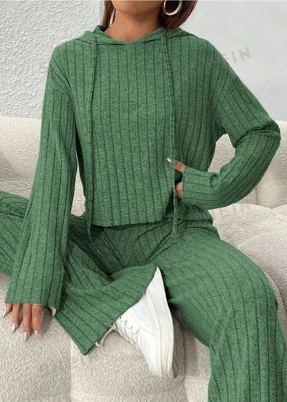 Striped Knit Long Hoodie and Pants Set
