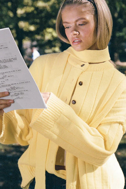 Yellow Ribbed Round Neck Knit Cardigan
