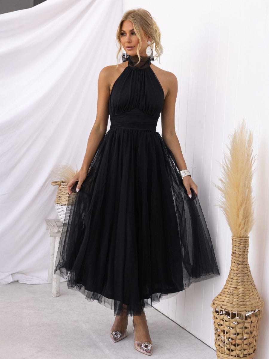 Tulle Midi Dress Halter Pleated Empire Waist Open Back Elegant Prom Dresses