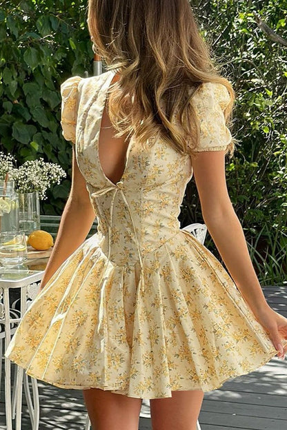 Floral Print Deep V-Neck Tie Front Puff Sleeve Tiered Ruffle Mini Dress