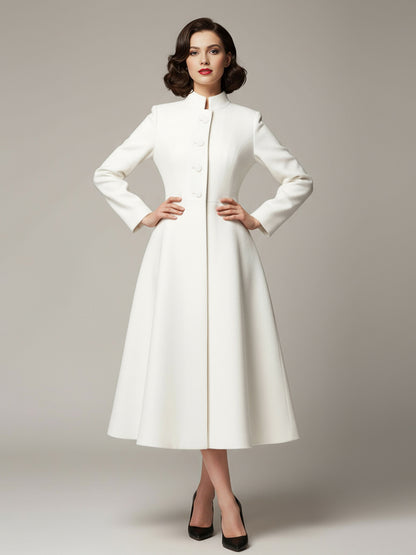 Vintage Stand-Collar A-line Woolen Flared Coat In White For Women 2026