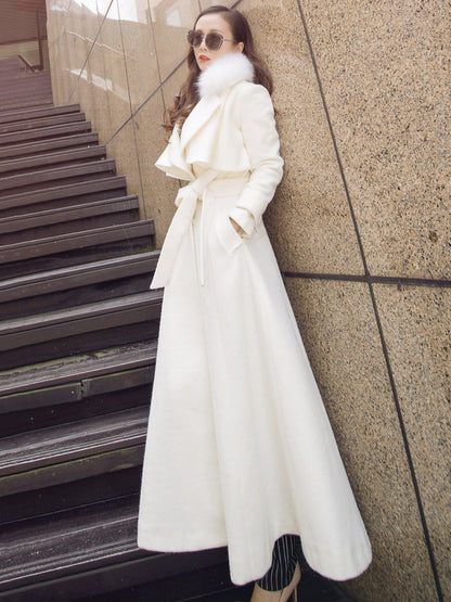 Full Length Flared Woolen Coat White Faux Fur Collar Classic Lapel Belted Slim A-line Winter Maxi Coat 2026