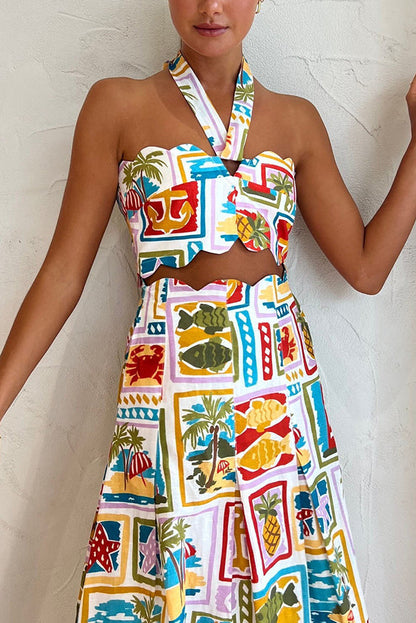 Celebrate The Sunshine Funny Printed Petal Trim Halter Top and Pocketed Maxi Skirt Set