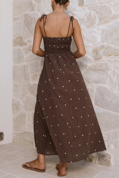 Fashionable Polka Dot Print Suspender High-waisted Pleated Casual Maxi Dress