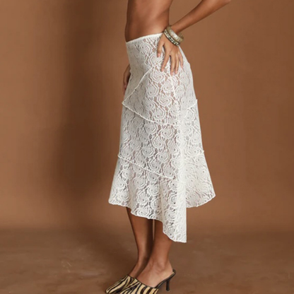 Lace irregular hollow out solid cut out midi skirt