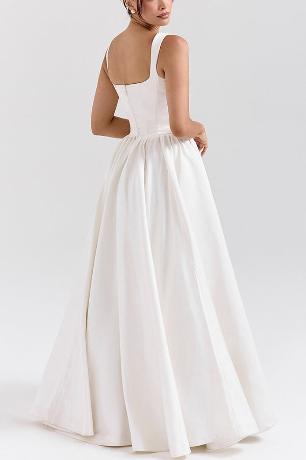 Square Neck Corset Basque Waist Wide Strap Ball Gown Maxi Dress