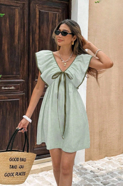 Pinstripe V-Neck Ruffle Flounce Collar Flutter Sleeve Ribbon Bow Mini Dress