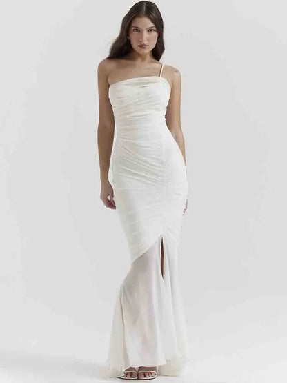 White Mesh Speaghetti Strap Fishtail Slit Dress