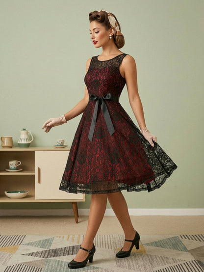 Retro Dress Green 1950s Style Two-Tone Sash Sleeveless V-Neck Medium Rockabilly Dress