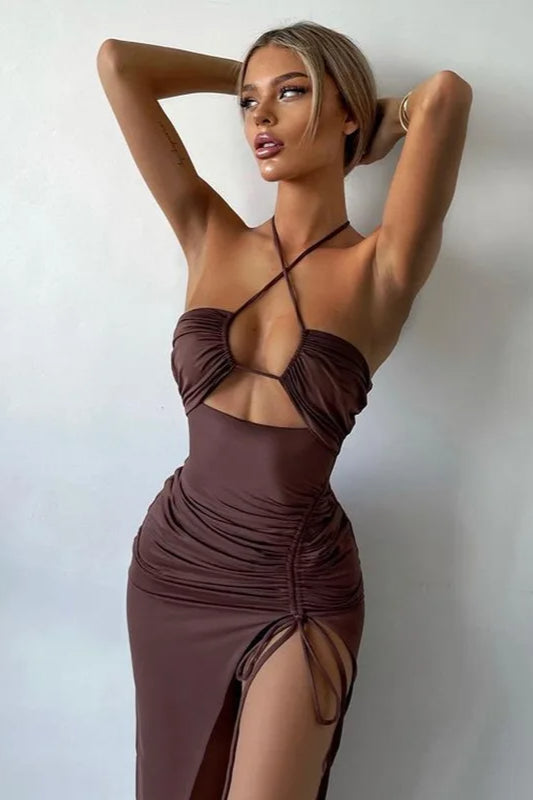 Halter Crossover Cutout Midriff Ruched Drawstring Side Slit Bodycon Midi Dress
