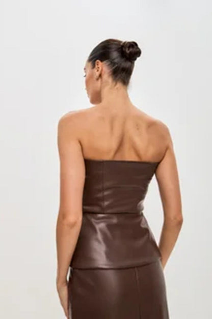 PU Leather Single Breasted Strapless Bustier Tank Top