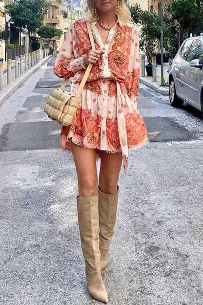 Palace Print Button Smocked Sleeve Belt Mini Dress