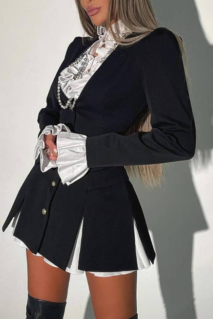 Altair Contrast Ruffled Shirt Patchwork Button Pleated Blazer Mini Dress