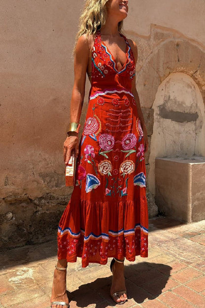 V-neck Casual Oil Painting Print Art Suspender Dress