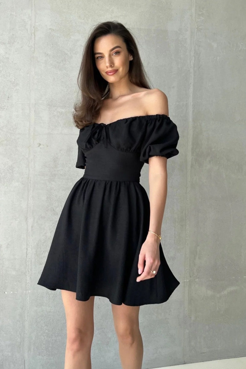 Off Shoulder Puff Sleeve Tie Back Bow A-Line Mini Dress