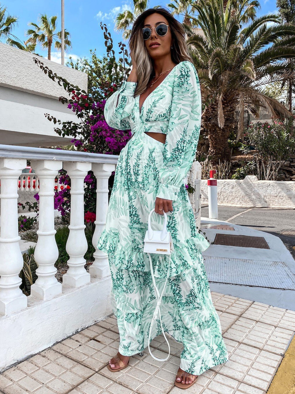 Cutout Leaf Print Maxi Dress for Women - Tropical Lantern Sleeve V Neck Tiered Long Dress - Spring Resort Wear 2026