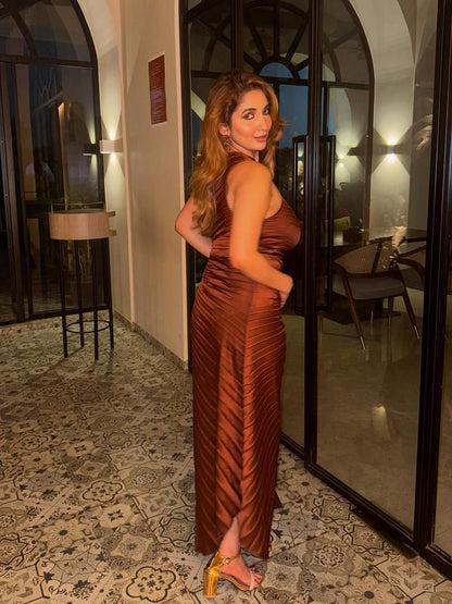 One Shoulder Sun Pleated Satin Dress- Brown