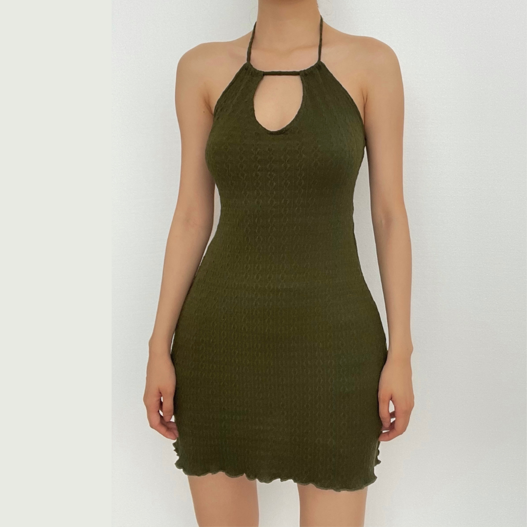 Ruffle halter textured hollow out self tie solid cut out mini dress
