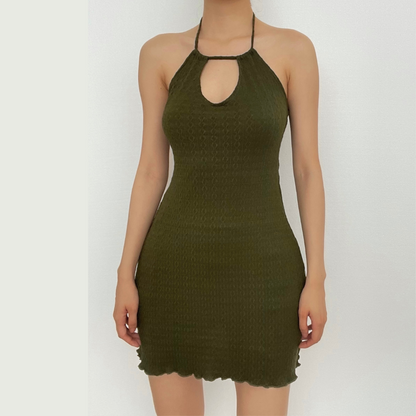Ruffle halter textured hollow out self tie solid cut out mini dress