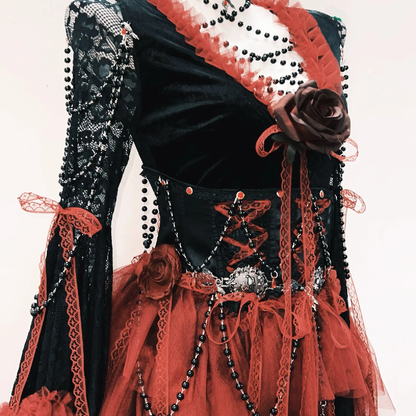 Long sleeve beaded lace ruffle maxi dress