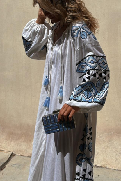 White Vintage Print Long Dress