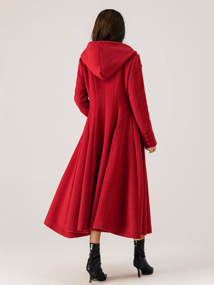Woolen Flared Coat With Hood For Woman Red A-line Long Winter Outerwear 2026