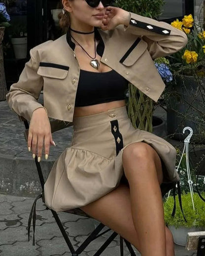 Black Patchwork Crop Mini Skirt Office Two Piece Set